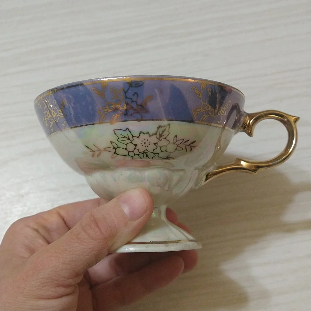 Vintage 1950's Iridescent Mother of Pearl w Blue Band and Gold Design Tea Set - Picture 2 of 7